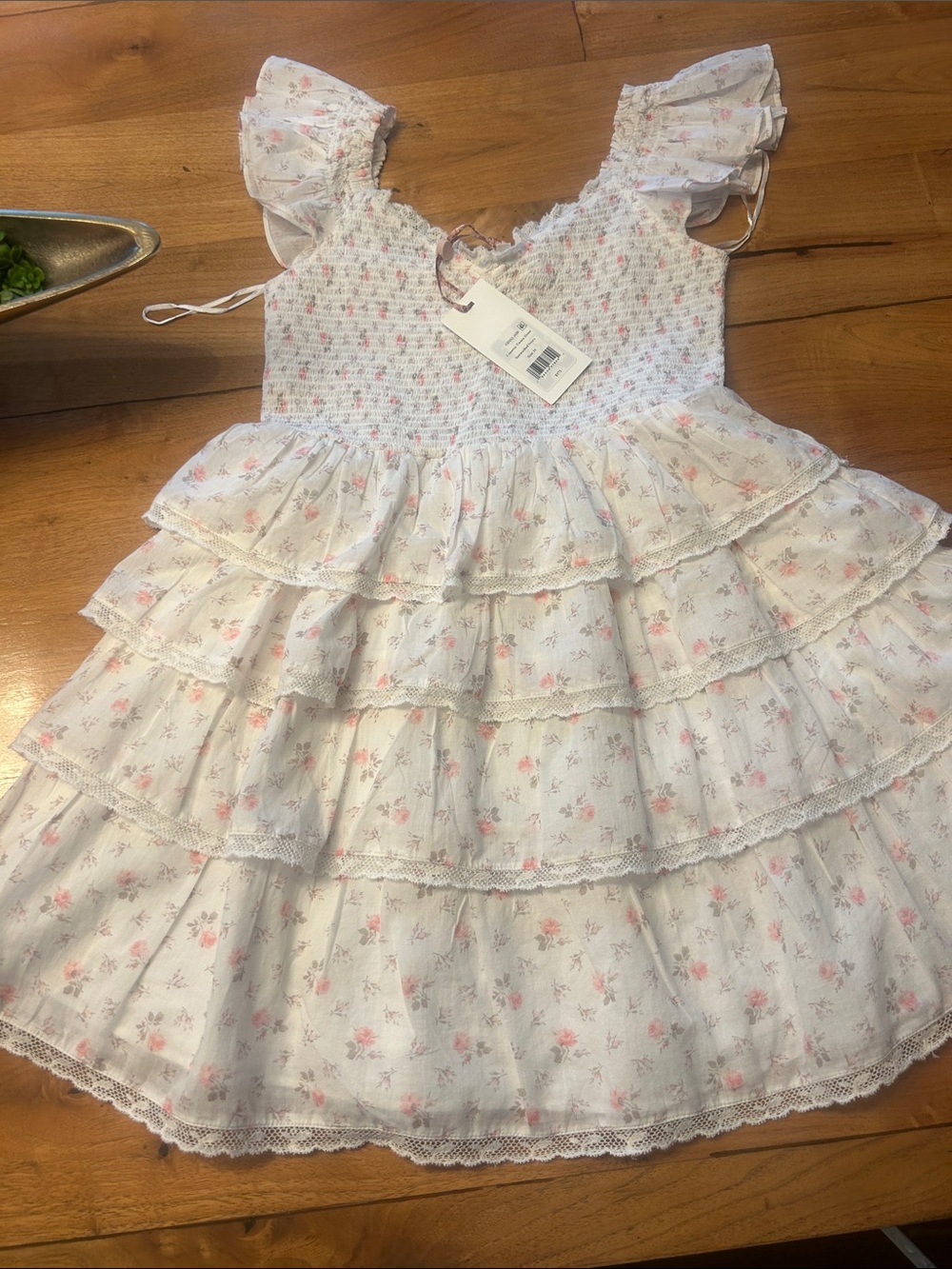 LoveShackFancy White Dress with Pink Floral Ruffles